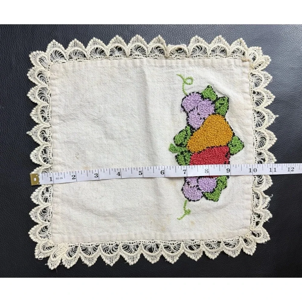 Vintage MCM Hand Embroidery Punch Needle Fruit Table Doily Lace Unfinished Art
